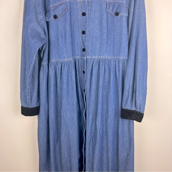 Venezia 80s 90s Vintage Prairie Midi / Maxi Denim Dress Velvet Collar | XL / 2XL - Picture 2 of 7